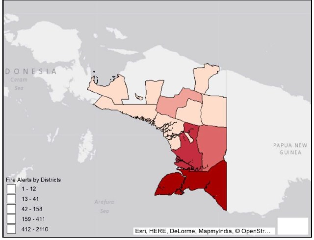 Sebaran titik api per kabupaten di Papua